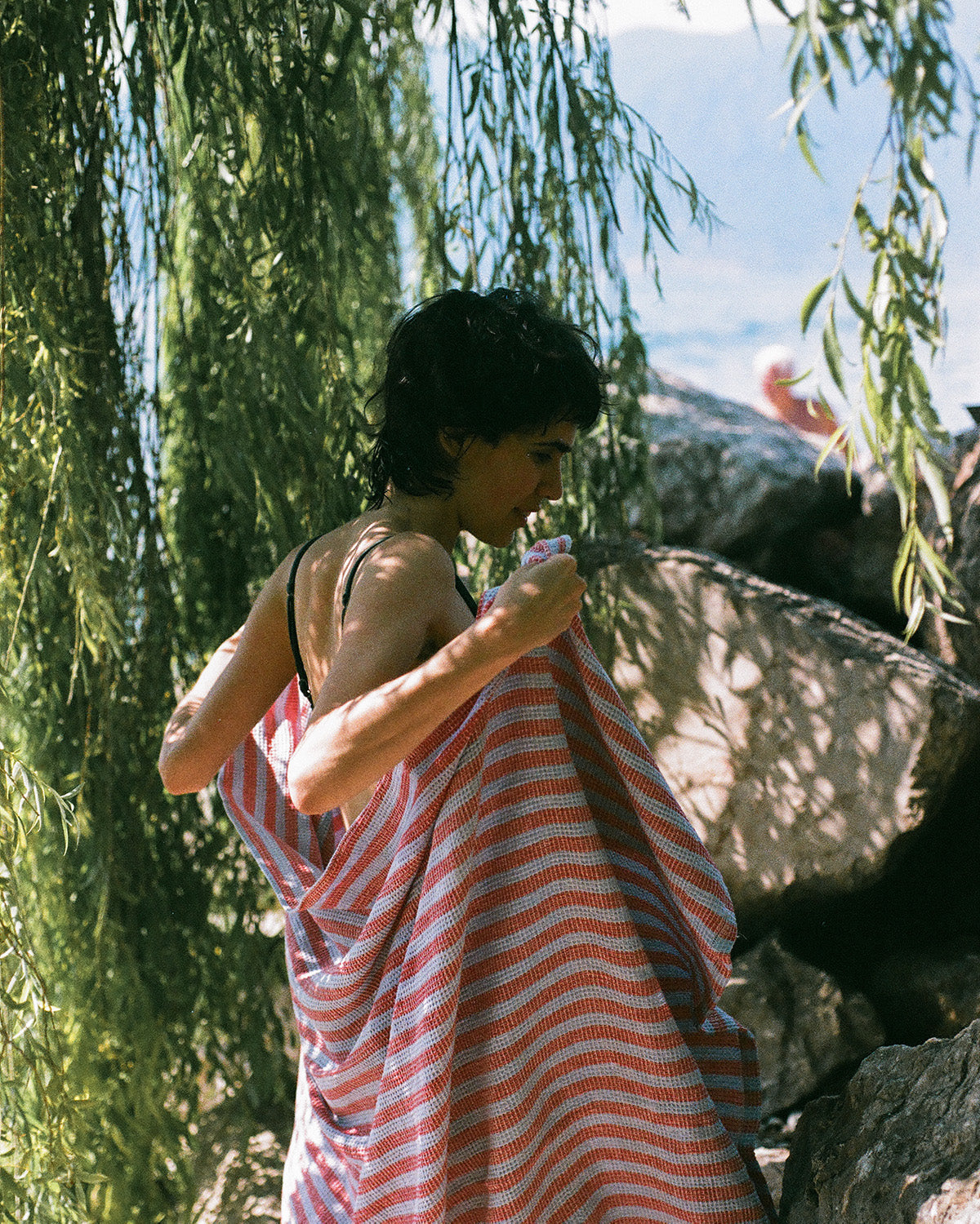 "Montecatini rigato" towels in Garda Blue / Red